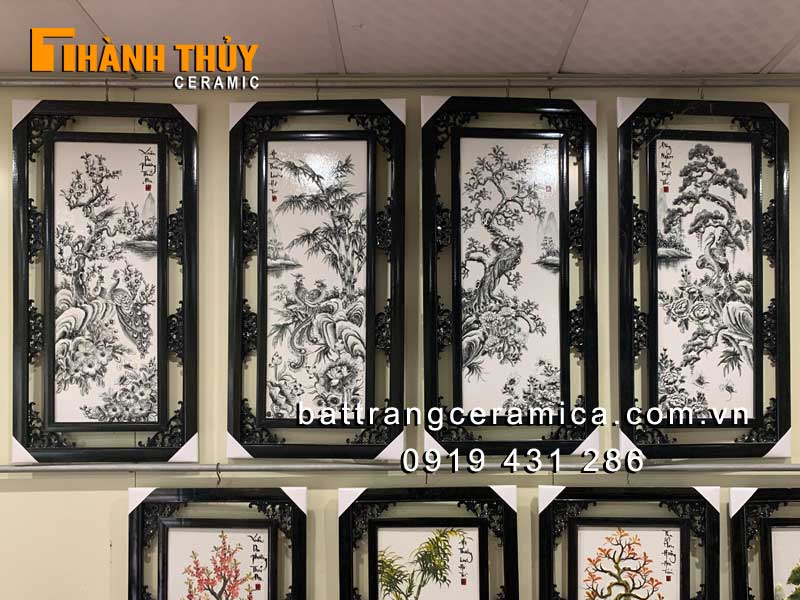 Bộ tranh tứ quý gốm sứ đen trắng 50×1m sang trọng may mắn 