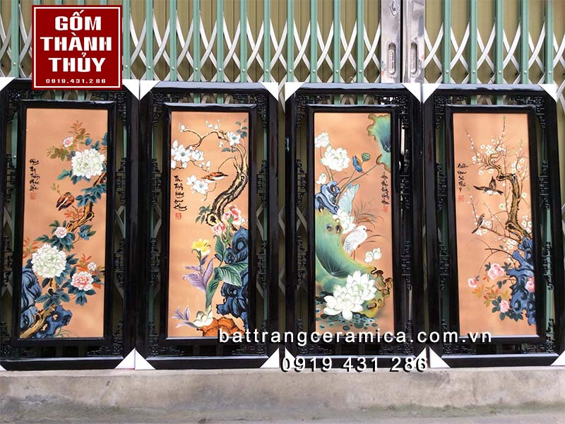 Tranh tứ quý Bát Tràng Mai Sen Mộc Lan Mẫu Đơn 50x105cm sang trọng