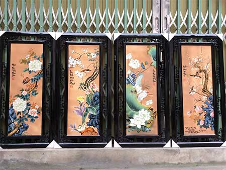 Tranh tứ quý Bát Tràng Mai Sen Mộc Lan Mẫu Đơn 50x105cm sang trọng 