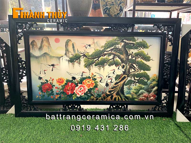 Tranh gốm sứ Tùng hạc phú quý Bát Tràng 60x90cm đẹp sang trọng 