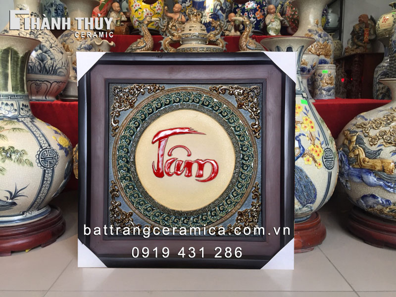 Tranh chữ Tâm sứ Bát Tràng 50x50cm trang trí đẹp ý nghĩa sâu sắc