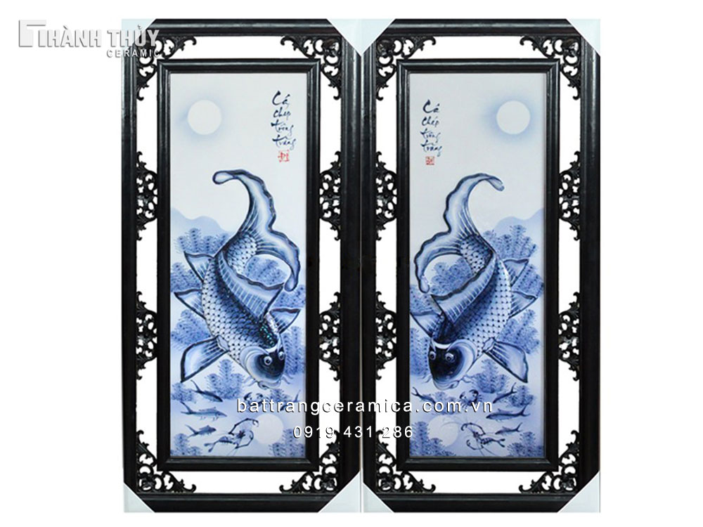 Tranh cá chép trông trăng men Lam đẹp ý nghĩa phong thủy 85x42 cm