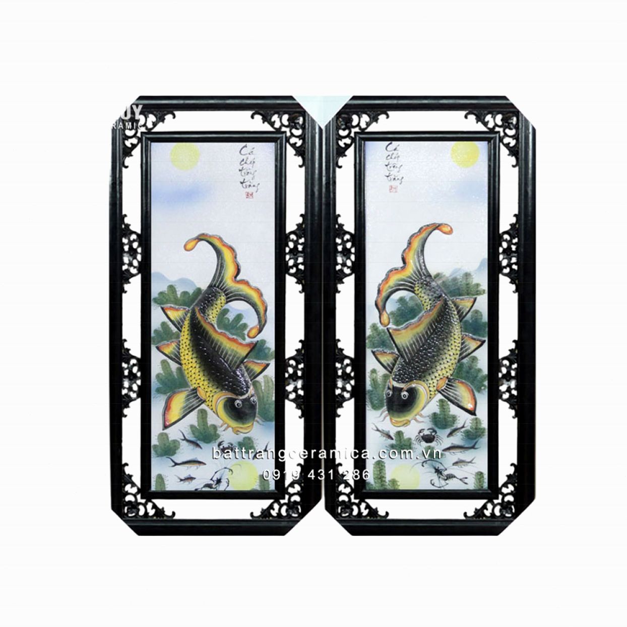Tranh sứ Lý ngư vọng nguyệt đắp nổi 85x42cm đẹp ý nghĩa phong thủy 
