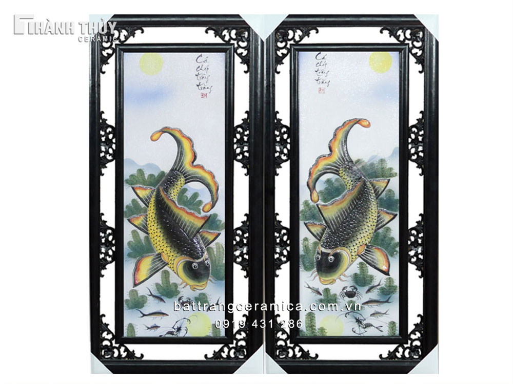 Tranh sứ đắp nổi Lý ngư vọng nguyệt 120x52 cm Cá chép phong thủy