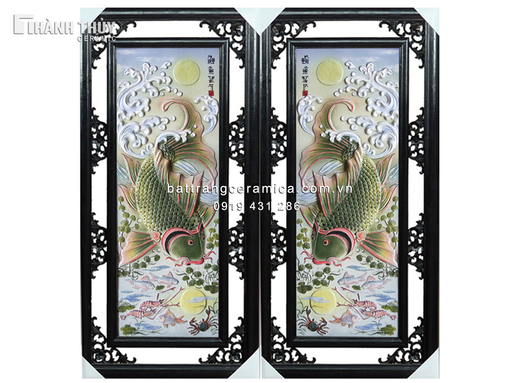 Tranh đắp nổi cá chép trông trăng 100x50cm trang trí phong thủy đẹp 