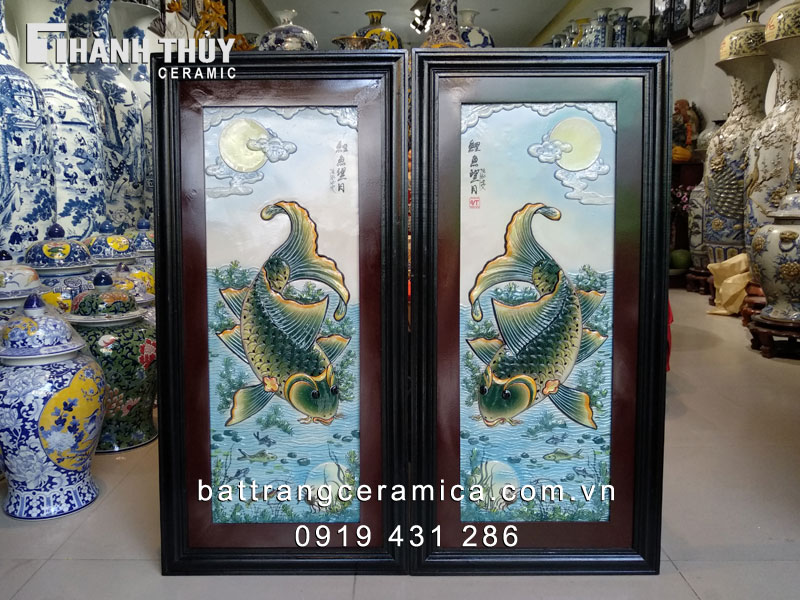 Tranh bộ cá chép trông trăng sứ bền đẹp 50x98cm phong thủy