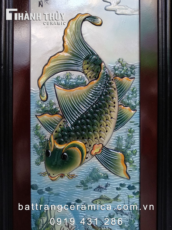 Tranh bộ cá chép trông trăng sứ bền đẹp 50x98cm phong thủy