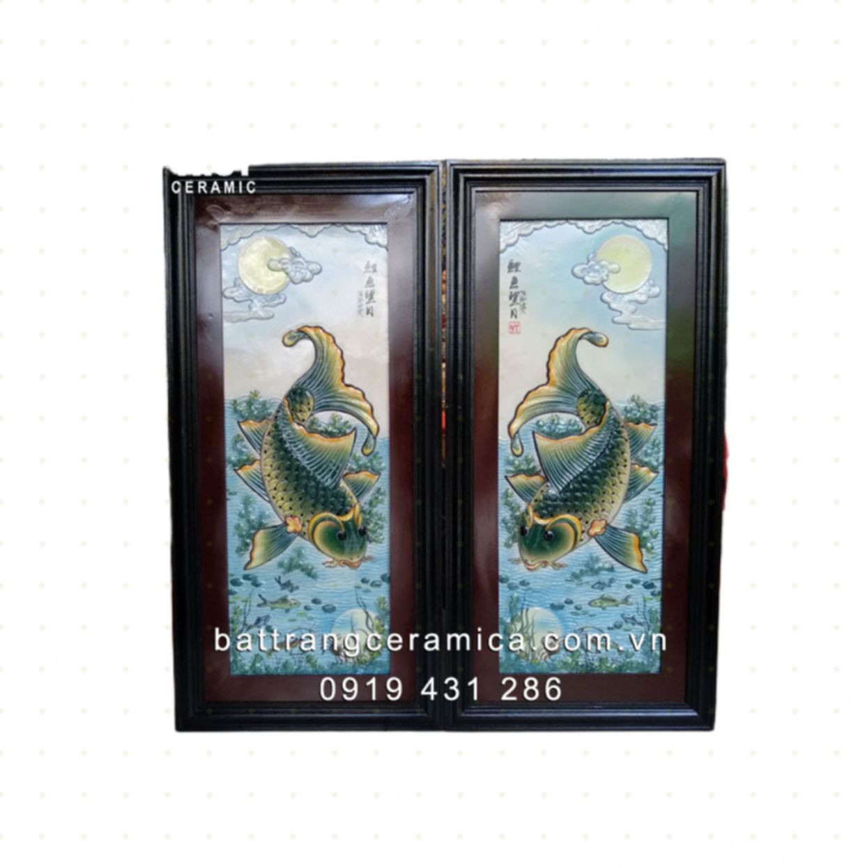 Tranh bộ cá chép trông trăng sứ bền đẹp 50x98cm phong thủy 