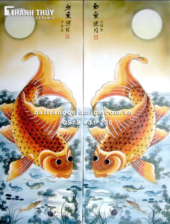 Tranh cá chép trông trăng bộ 4 đẹp tinh xảo quà tặng sang trọng 
