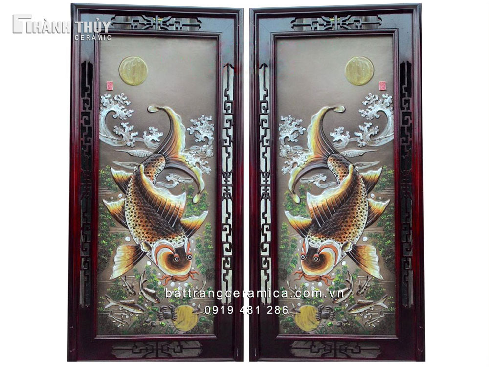 Lý Ngư Vọng Nguyệt 44x95cm tranh sứ đắp nổi cao cấp sang trọng