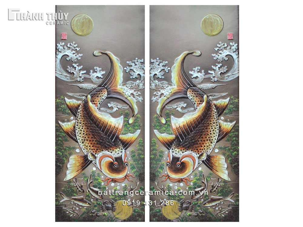 Lý Ngư Vọng Nguyệt 44x95cm tranh sứ đắp nổi cao cấp sang trọng