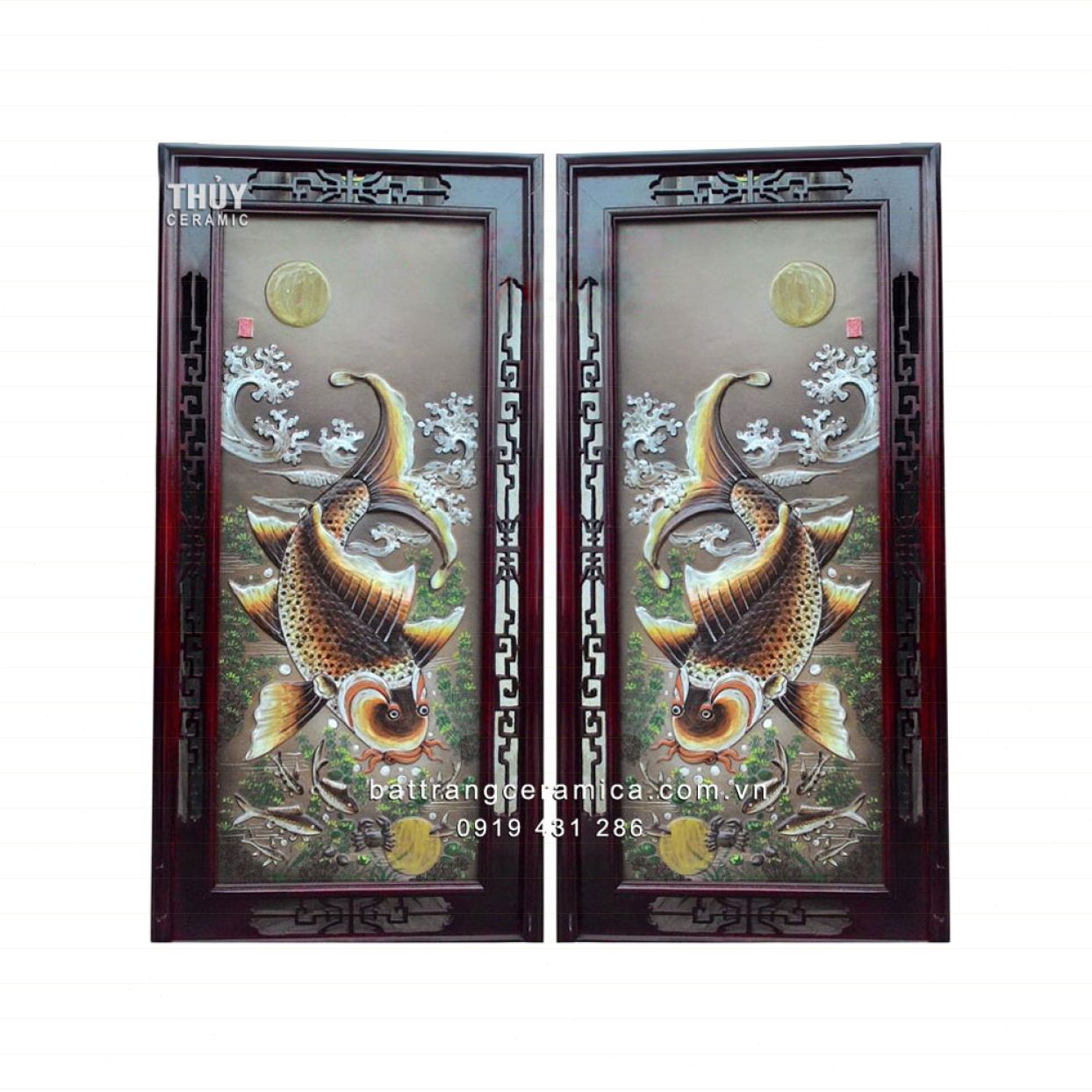Lý Ngư Vọng Nguyệt 44x95cm tranh sứ đắp nổi cao cấp sang trọng 