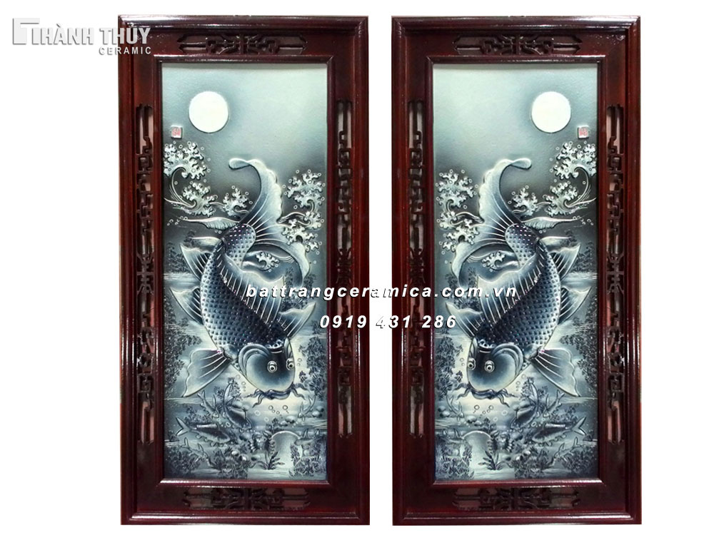Tranh cá chép trông trăng hàng kỹ men tràm cổ 48x96cm đẹp