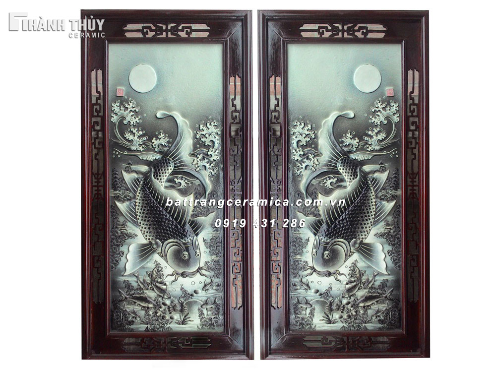 Bộ cá chép trông trăng sứ Bát Tràng 45x90cm bền đẹp treo phòng 