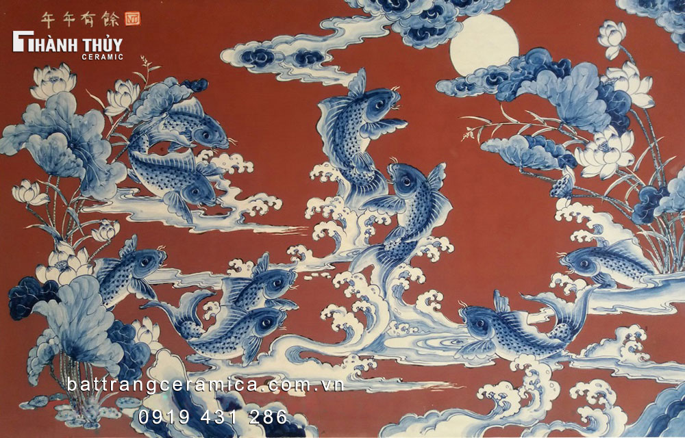 Tranh cá chép hoa sen đẹp 85x123cm - Phong thủy Tài Lộc, Miễn Phí Giao 