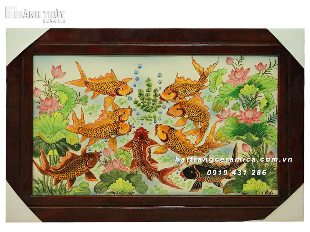 Tranh sứ Cửu Ngư Đồ 60x90cm tranh decor ý nghĩa phát tài 