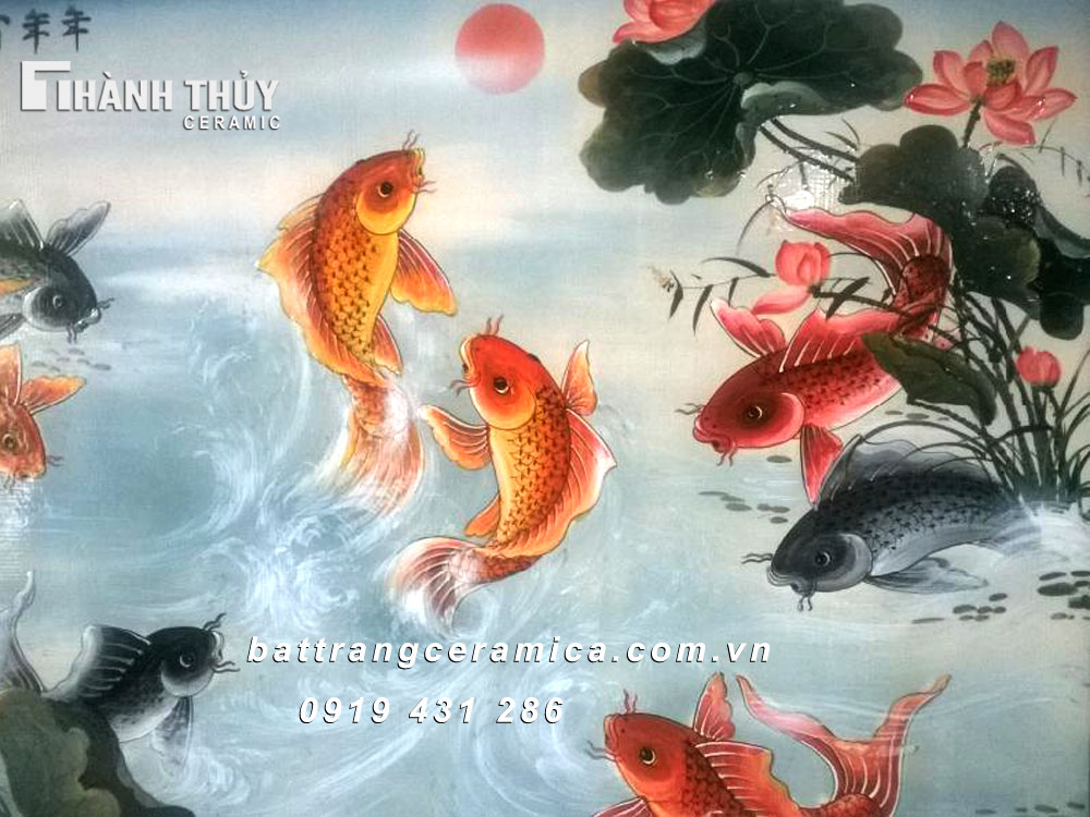 Tranh phong thủy Cửu ngư quần hội cá chép tài lộc may mắn 64x98cm