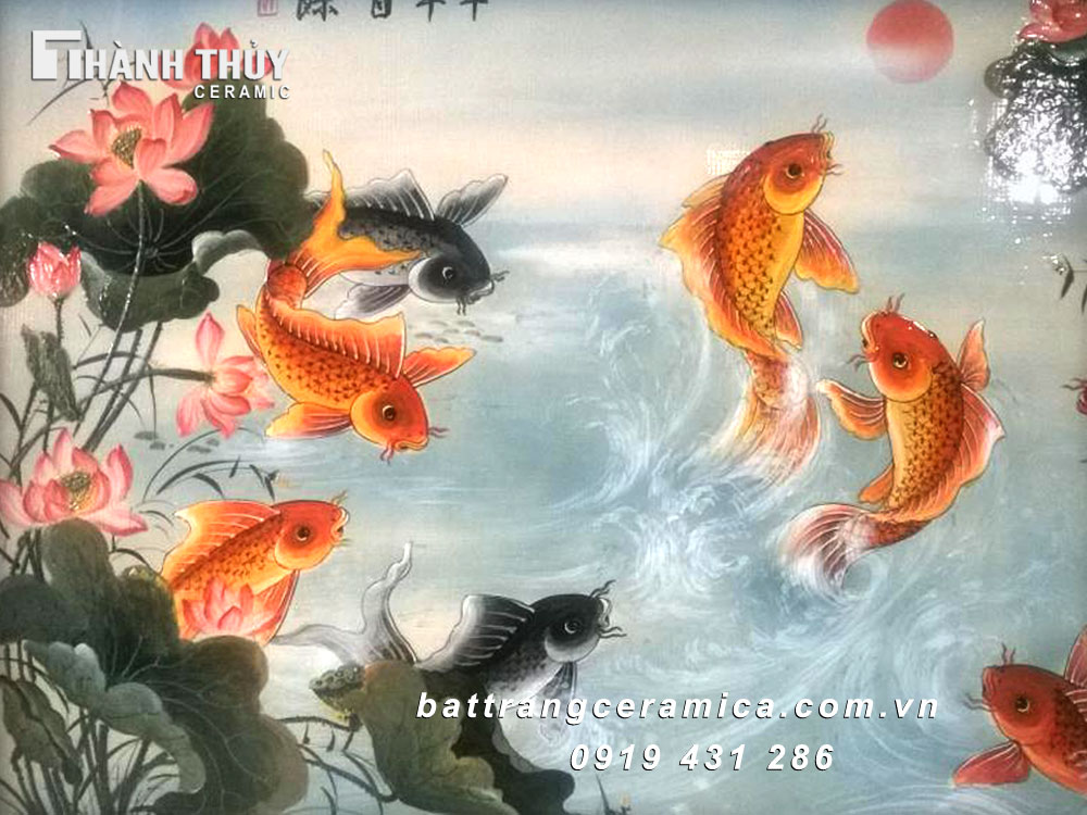 Tranh phong thủy Cửu ngư quần hội cá chép tài lộc may mắn 64x98cm