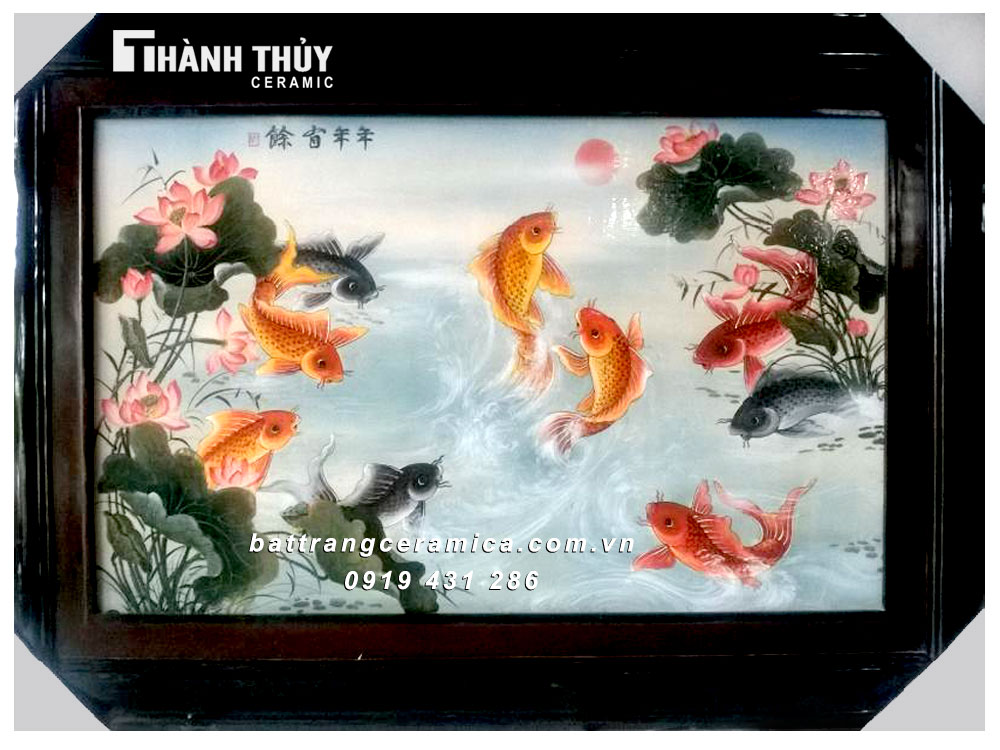 Tranh phong thủy Cửu ngư quần hội cá chép tài lộc may mắn 64x98cm 