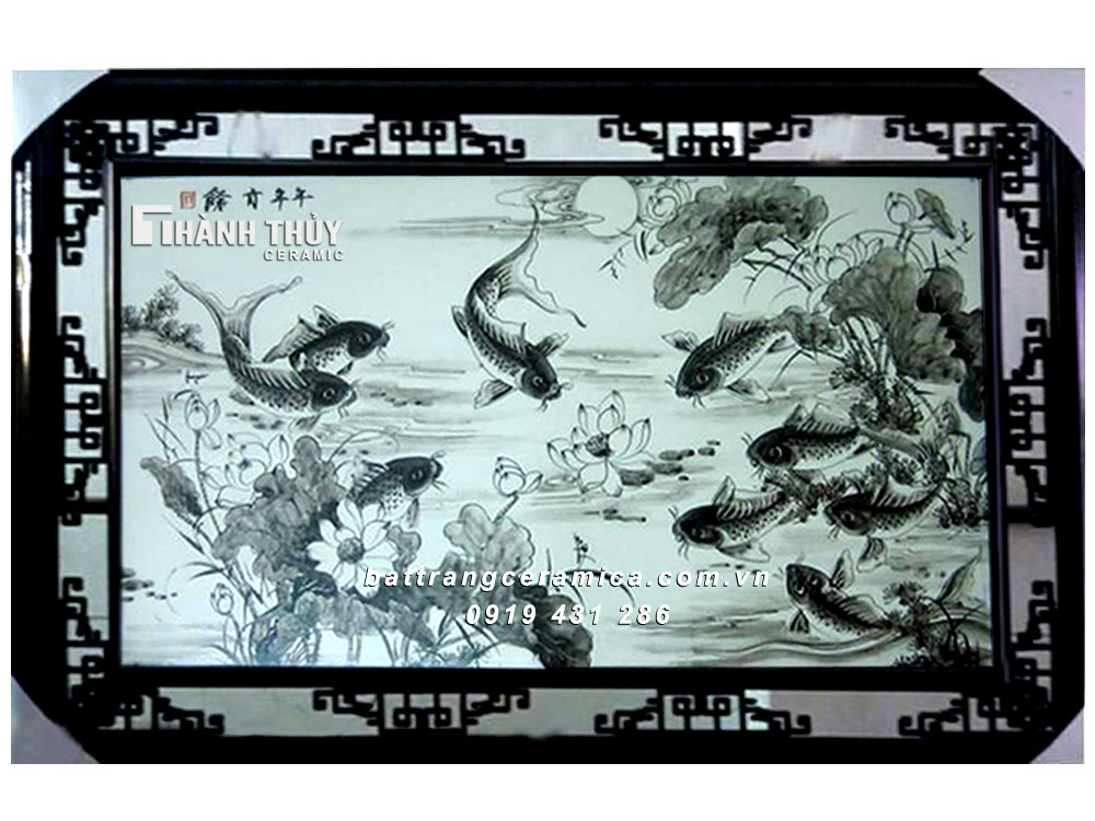Tranh Cửu ngư quần hội đen trắng chất lượng tốt kích thước 64x98cm phong thủy tài lộc