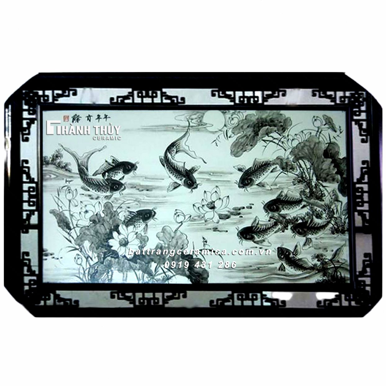 Tranh Cửu ngư quần hội đen trắng chất lượng tốt kích thước 64x98cm phong thủy tài lộc 