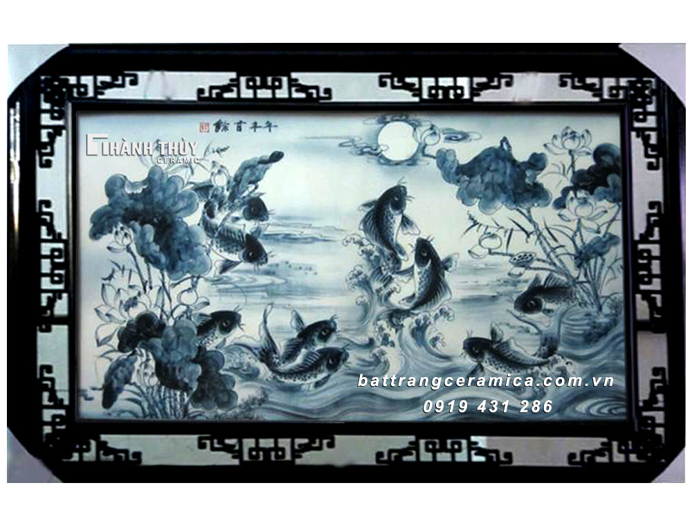 Tranh Cửu Ngư Quần Hội men Lam phong thủy tài lộc may mắn Tranh Cửu Ngư Quần Hội men Lam phong thủy tài lộc may mắn