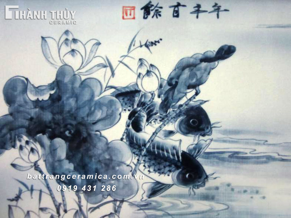 Tranh Cửu Ngư Quần Hội men Lam phong thủy tài lộc may mắn