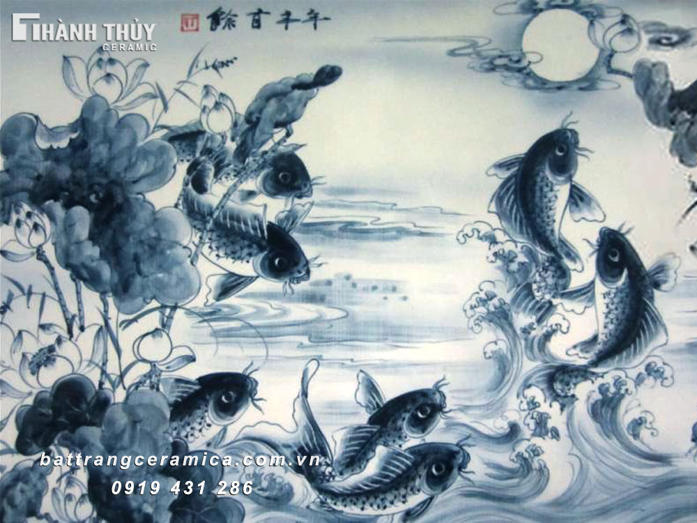 Tranh Cửu Ngư Quần Hội men Lam phong thủy tài lộc may mắn Tranh Cửu Ngư Quần Hội men Lam phong thủy tài lộc may mắn