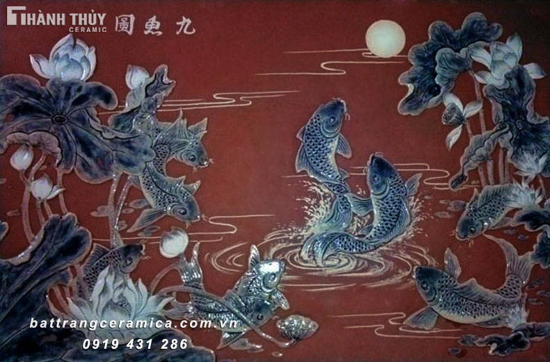 Tranh Cửu Ngư Quần Hội men Tràm cổ 110x150cm tranh phong thủy may mắn tài lộc