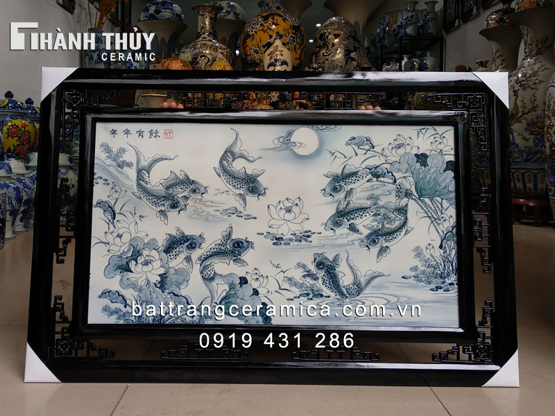 Tranh sứ Cửu Ngư Đồ phong thủy cá chép may mắn an lành