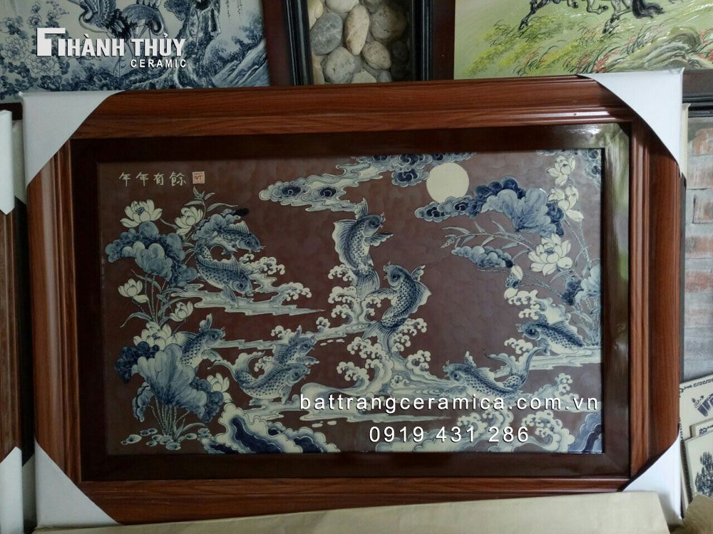 Tranh sứ cửu ngư quần hội 90x130 cm may mắn thành công 