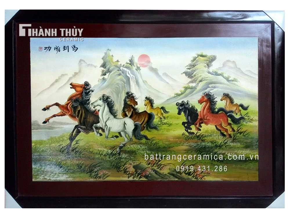 Tranh sứ Bát mã truy phong 90x120cm mang may mắn tài lộc thành công 
