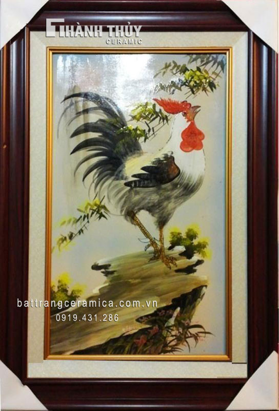 Tranh sứ Gà trống Đại Cát may mắn kích thước 47x74