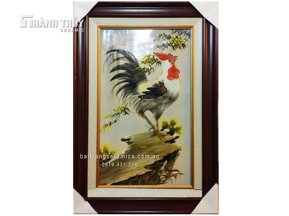 Tranh sứ Gà trống Đại Cát may mắn kích thước 47x74 