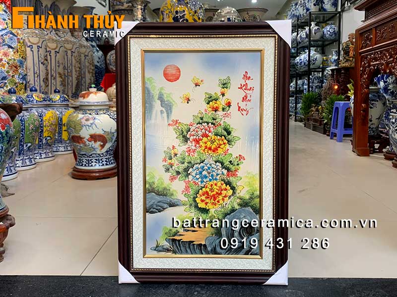 Tranh gốm sứ Khai hoa phú quý Bát Tràng kích thước 45x75 cm đẹp 