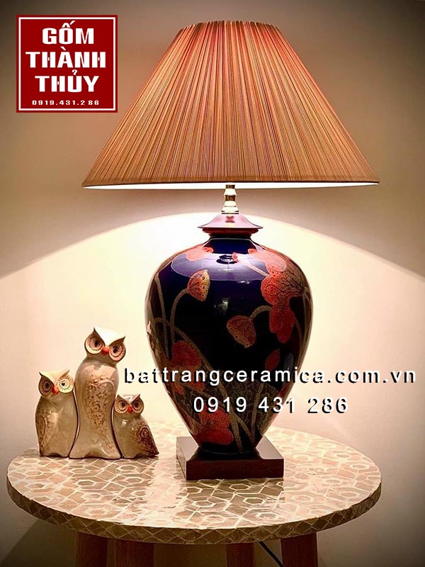 Đèn ngủ tím gốm Bát Tràng hoa sen sang trọng quà tặng