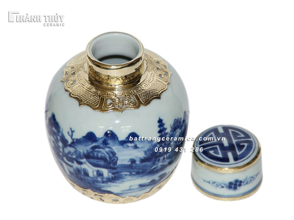Lọ chè Sơn Thủy bọc đồng 200g đẹp quà tặng sang trọng 