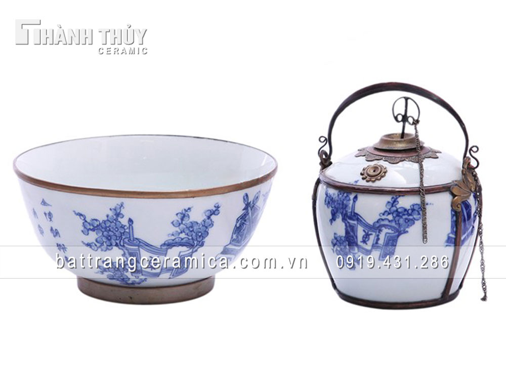 Điếu bát men lam cổ Bát Tràng cao cấp tinh xảo bọc đồng