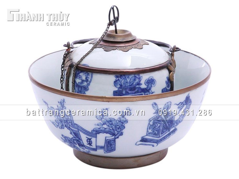 Điếu bát men lam cổ Bát Tràng cao cấp tinh xảo bọc đồng 