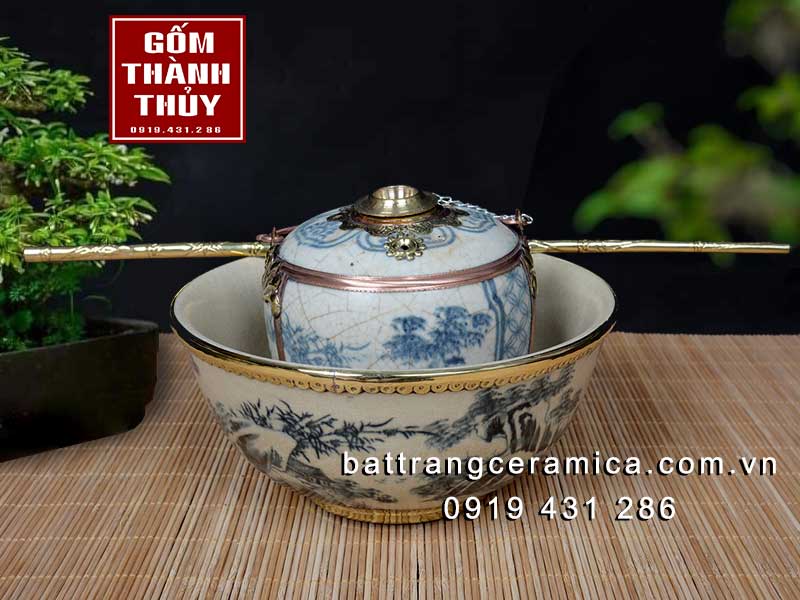 Điếu bát men rạn giả cổ bọc đồng cao cấp quà tặng phong thủy