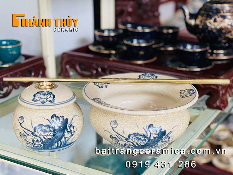 Điếu bát men rạn hoa sen thủ công Bát Tràng bọc đồng cao cấp 