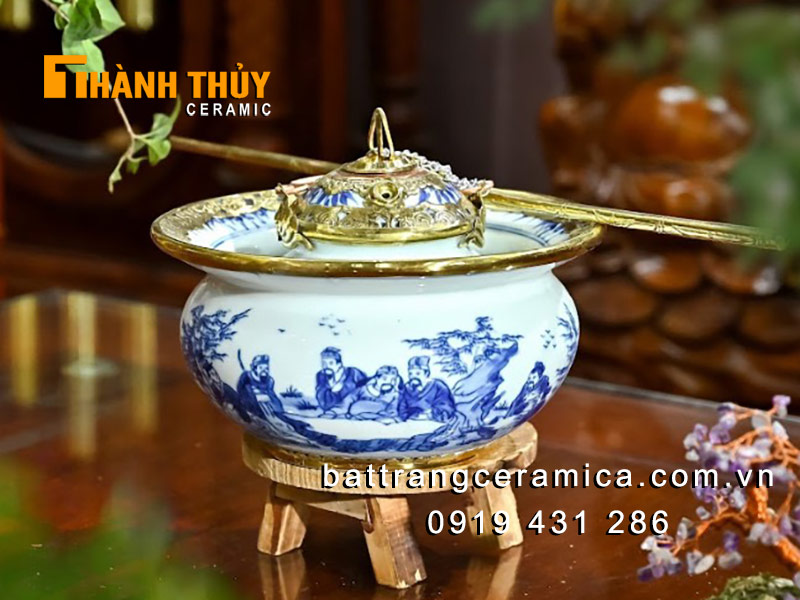 Điếu thắt trúc Lâm thất hiền xanh bọc đồng Bát Tràng sang trọng hút thuốc lào
