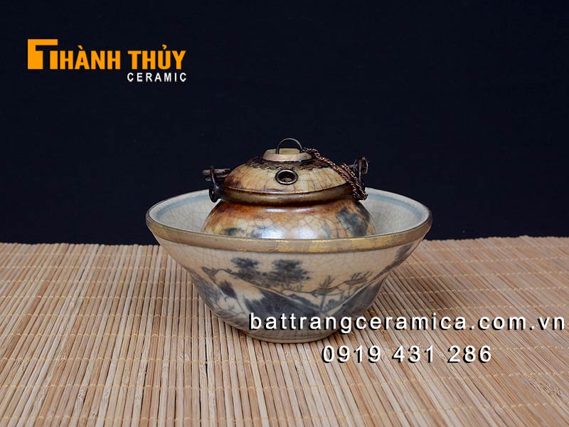 Điếu bát loe mini men rạn giả cổ Bát Tràng bọc đồng đẹp 