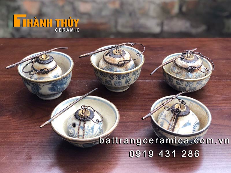 Điếu bát mini men rạn giả cổ Bát Tràng bọc đồng tiện lợi