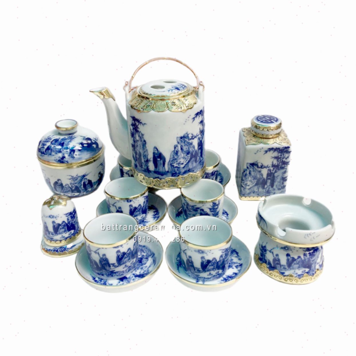 Ấm tích Bát Tràng 0.75L Trúc Lâm Thất Hiền quai đồng sang trọng 