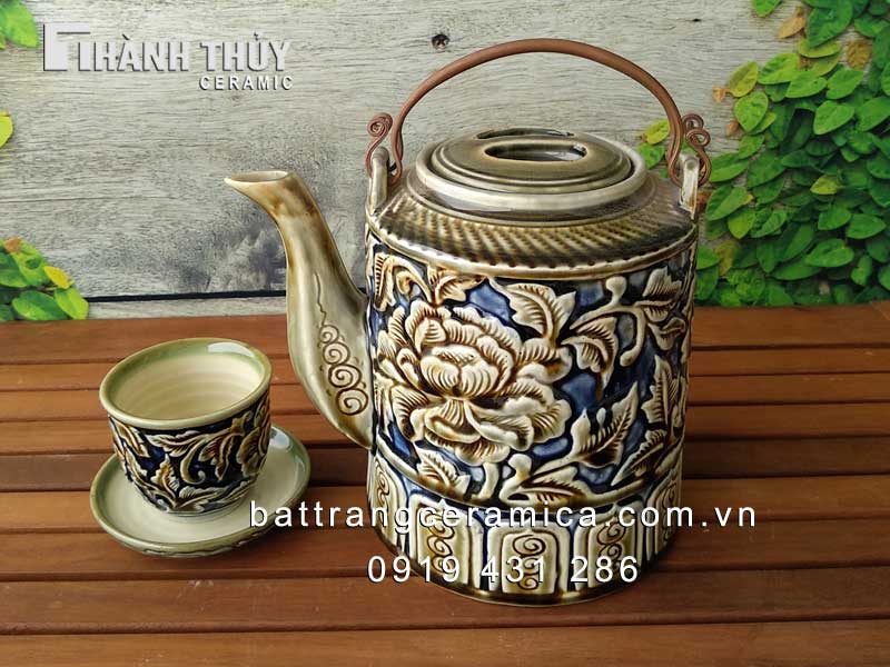 Bộ ấm tích khắc hoa dây Bát Tràng cao cấp 1,5 lít sang trọng