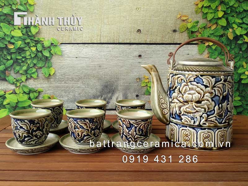 Bộ ấm tích khắc hoa dây Bát Tràng cao cấp 1,5 lít sang trọng