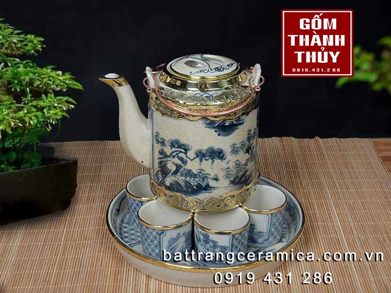 Bộ ấm tích bọc đồng vẽ sơn thuỷ 1L quà tặng sang trọng chất lượng