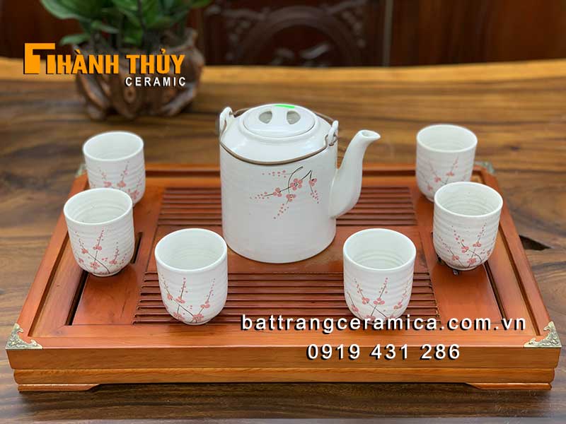 Bộ ấm tích men gấm hoa đào 1L gốm Bát Tràng đẹp cao cấp