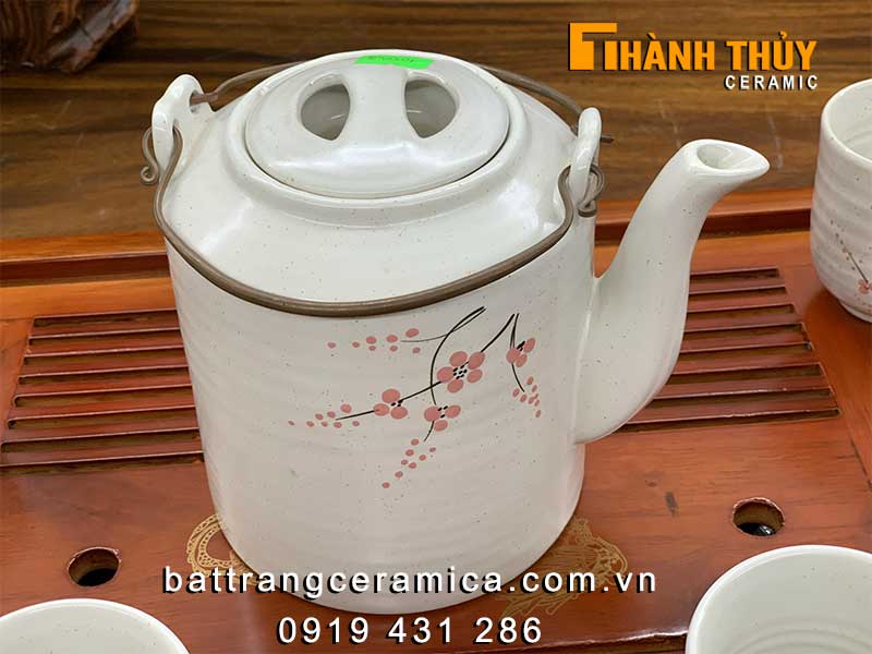 Bộ ấm tích men gấm hoa đào 1L gốm Bát Tràng đẹp cao cấp
